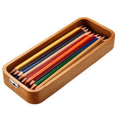 Wooden pencil box with colorful pencils