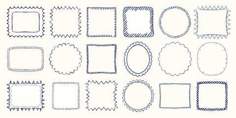 Collection of hand drawn decorative borders and frames in blue ink on a white background