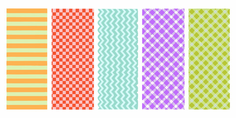 Collection of five colorful vertical fabric patterns with stripes checks zigzags and gingham designs