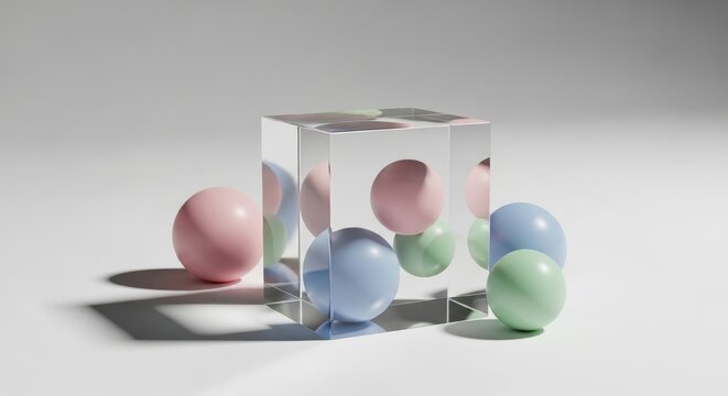 Minimalist still life with transparent cube refracting pastel spheres.