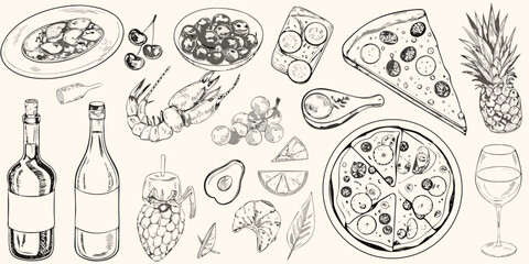 Hand drawn sketch of various food and drink items including pizza wine shrimp fruits and vegetables