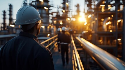 Worker observing operations at oil refinery industrial site photography urban environment close-up viewpoint safety and industry dynamics