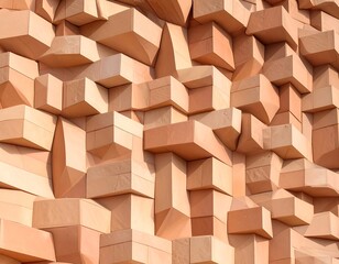 Abstract wall of stacked, light orange, geometric blocks