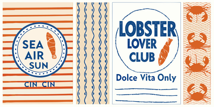 Nautical and coastal themed graphics featuring seafood and beach vibes