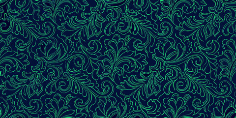 Elegant seamless pattern of green floral swirls and leaves on a dark navy blue background