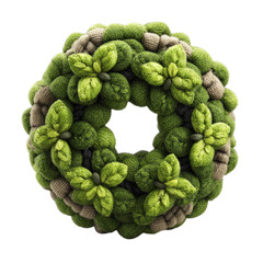 Fototapeta premium A Green Knitted Wreath With Leaf Like Embellishments On A Transparent Background
