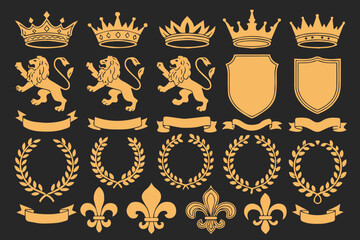 heraldic gold vector set with crowns shields lions ribbons and fleur de lis on black background for premium design © AIcon Star