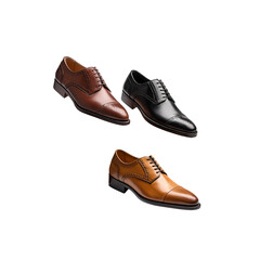 Naklejka premium three different styles of men's shoes on display stands: a leather shoe with pointy toes and a wooden base, classic-style dress shoes in a brown color, and brogues in a black color and a leather mid-c