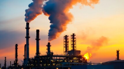 Industrial emission activity refinery location sunset photography urban environment wide angle view environmental impact awareness