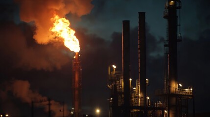 Flame emission event at industrial facility urban area photography nighttime wide-angle view energy production impact