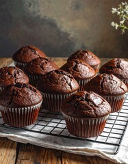 A collection of freshly baked, rich chocolate muffins, glistening with chocolate glaze, rests attractively on a cooling rack.