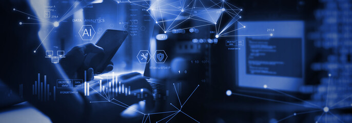 Obraz na płótnie Canvas Data Science and engineering with AI, digital technology, tech background. Software engineer using AI for big data analytics, database management, cloud computing and data exchange