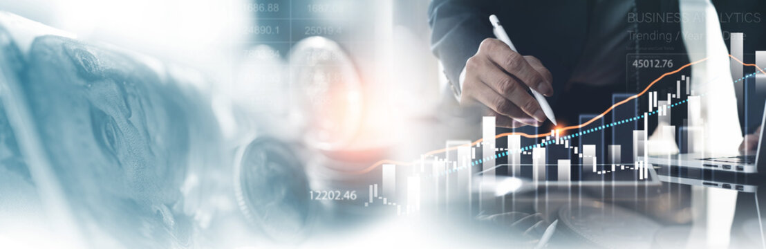 Banking business, finance and investment, risk management concept. Businessman analyzing stock market data, financial graph report, economic growth, business strategy, planning and solution - Powered by Adobe