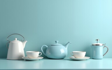 Pastel Blue Kitchen Still Life with Teacups and Appliances. High quality