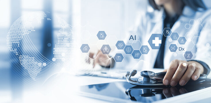 Medical technology, online health, global health network, medical online concept. Doctor working on laptop computer with medical technology internet network connection, telemedicine technology