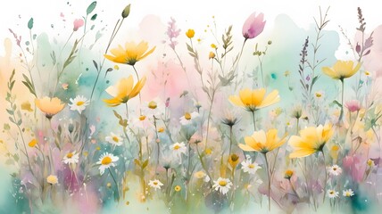 Abstract floral meadow with pastel watercolors, perfect for greeting cards, prints, and home decor
