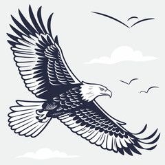 Majestic bald eagle soaring through a cloudy sky with smaller birds flying in the distance