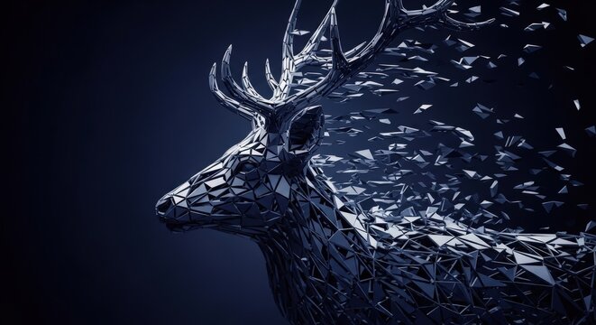 Abstract metallic deer head dissolving into geometric particles futuristic art. - Powered by Adobe