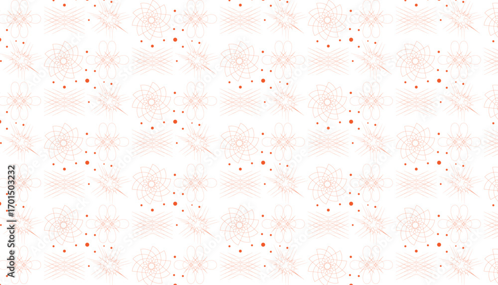 Poster orange abstract geometric pattern with starbursts and dots on white repeating seamless