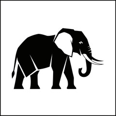 Bold black and white vector illustration of a powerful elephant in a geometric art style, isolated on a clean background
