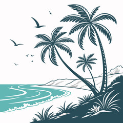 Stylized tropical beach scene with palm trees turquoise waves and soaring birds against a white background