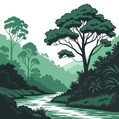 Serene lush green tropical rainforest landscape with winding river and majestic trees © bilkish