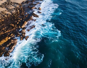 Aerial view of a rocky shoreline meeting the ocean