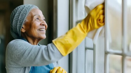 Happy senior black woman wearing yellow gloves and cleaning windows at home, smiling and enjoying domestic chores