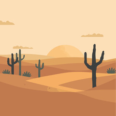 Vector illustration of a tranquil American desert landscape with iconic saguaro cacti and a sun setting over warm sand dunes