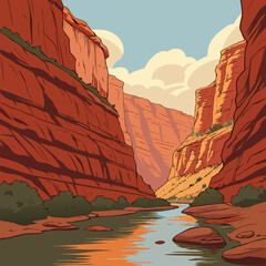 Stylized illustration of a majestic red rock canyon with a winding river reflecting the warm sunlight and clouds above © bilkish