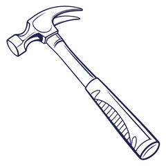 A simple line drawing of a claw hammer tool with a dark blue outline on a white background