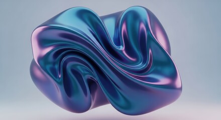 Futuristic 3D abstract fluid shape with iridescent metallic texture.