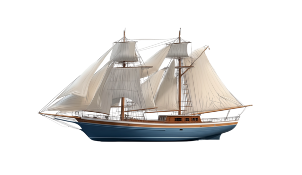 a photorealistic rendering of a modern classic sailboat with three masts, white sails, and a blue hull, on the right side of the view, on a plain background. the boat is made of wood and has two small