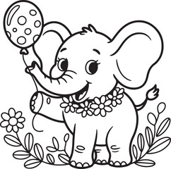Obraz premium Adorable Elephant with Balloon Outline Drawing for Coloring Book Fun Design