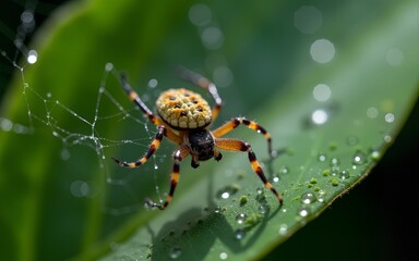 Extreme Macro Of The Surface Of A Dew Covered Spider Web With Green Leaf Background. High quality