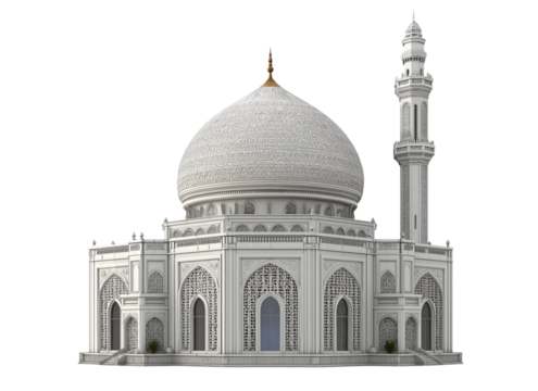 a dome of the mosque is made in a beige color and has an arched door. there will be several windows on it, in a 3d rendering style, with a white background and in high resolution, in png format. 