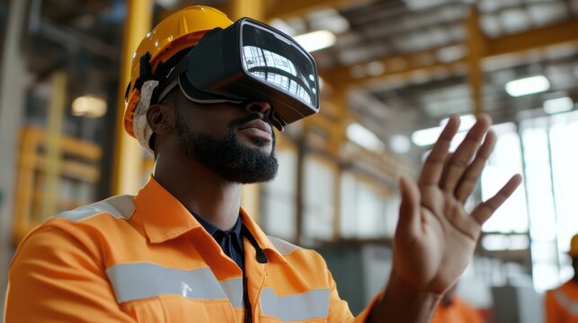 Innovative virtual reality training experience industrial warehouse technology showcase modern environment close-up view future of skills development