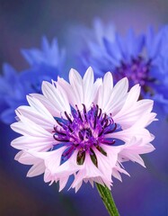 Obraz premium A close-up, detailed view of a delicate, light pink flower with deep purple stamens, contrasting beautifully with a softly blurred background of vibrant blue flowers.