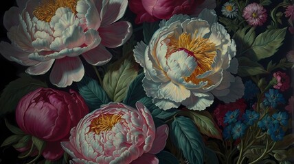 Rich floral painting with peonies in fuchsia, pink, white, and purple on a dark background. Perfect for wallpapers, textiles, invitations, packaging, or elegant decorative projects.