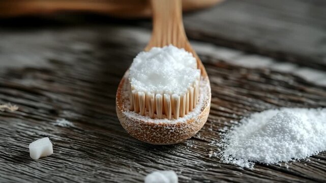 Baking soda on a bamboo toothbrush promotes sustainable oral care and teeth whitening, placed on a rustic wooden surface with xylitol tablets