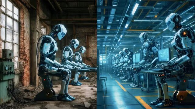Robots in a dilapidated warehouse contrasted with advanced production line, showcasing technology evolution