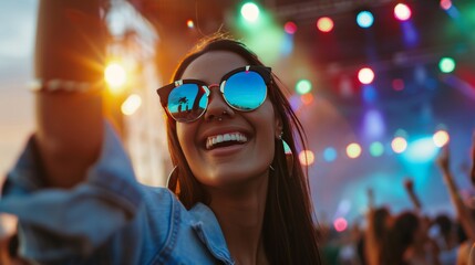 Joyful concert experience outdoor music festival photo of enthusiastic young woman celebratory atmosphere close-up shot happiness