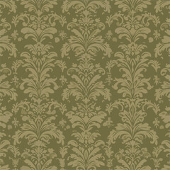 Seamless vintage damask pattern in olive green color, floral repeating background design, patern seamless, Stock royalty free.