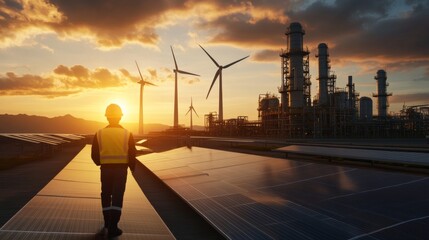 Sustainable energy worker renewable energy plant photography industrial setting sunset view eco-friendly concept