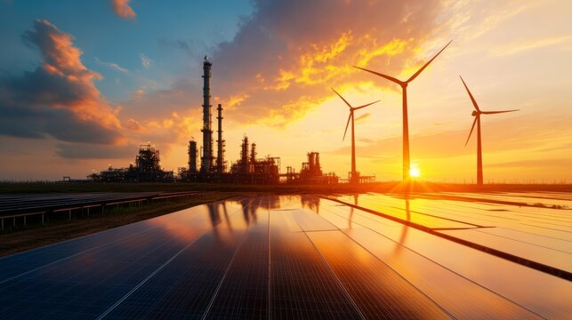 Renewable energy transition industrial landscape sunset reflection eco-friendly technology optimistic outlook