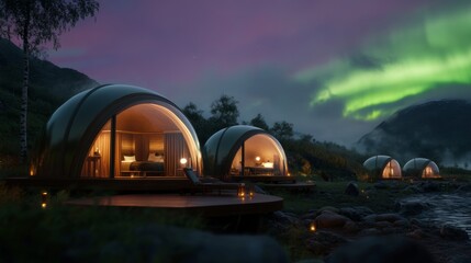 Enchanting glamping experience under the northern lights remote wilderness lodge accommodation tranquil riverbank evening view adventure and relaxation