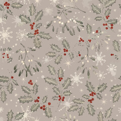 Seamless repeating pattern of holly, mistletoe, snowflakes, and stars on a neutral background., patern seamless, royalty stock.