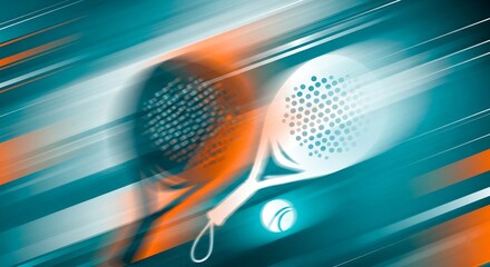 Abstract illustration of padel rackets and a ball in motion with dynamic lines and vibrant colors.