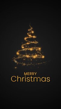 merry christmas text and tree with golden snowflakes and stars glitter on black animation, holiday new year card vertical social media motion background