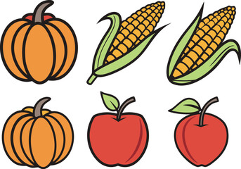 Collection of Autumn Harvest Icons: Pumpkins, Corn, and Apples vector Illustration